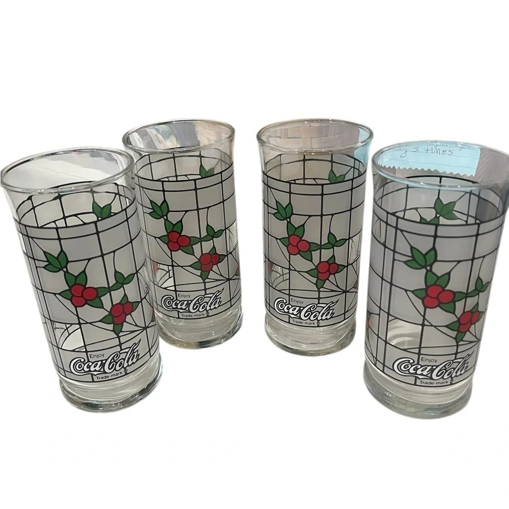 Coca Cola Frosted 6”X 2 3/4”Tumblers set of 4 Libbey Christmas Holly Berry 16 oz